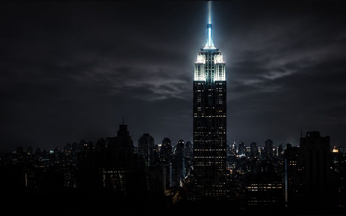 The Empire State Building lit blue above the New York skyline at night