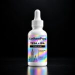 A GothamPeps dropper bottle with a holographic label