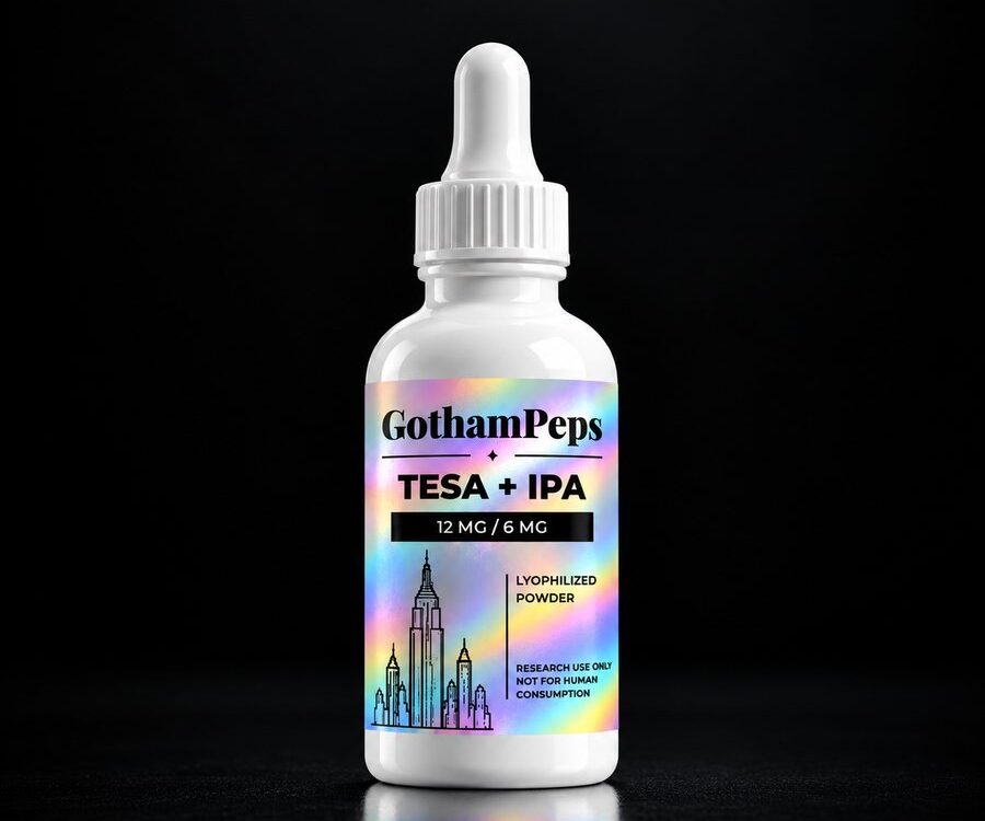 A GothamPeps dropper bottle with a holographic label