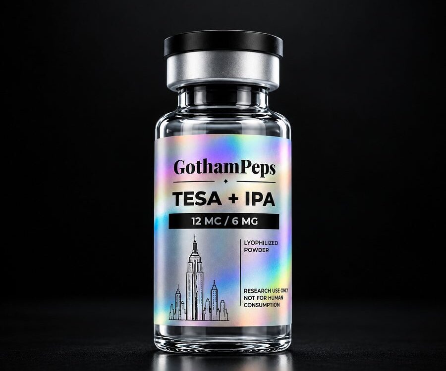 A GothamPeps research vial with a holographic label